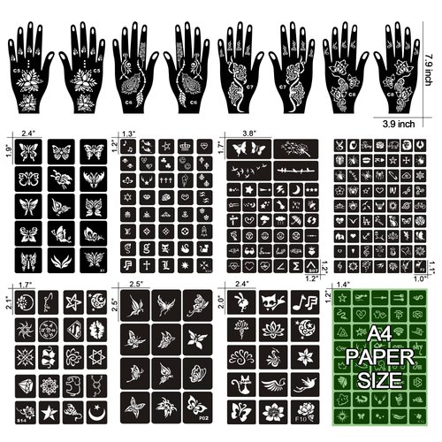 16 Sheets Henna Tattoo Stencils Kit Reusable for Women Girls and Kids,150+ PCS Tattoo Stencil,Temporary Indian Arabian Glitter Airbrush Tattoo Stencils for Face Body Paint DIY