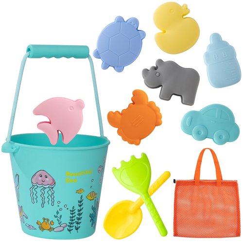 mandoo Silicone Beach Toys Collapsible Beach Buckets Beach Toys for Kids, Bucket and Shovels Set with Mesh Bag Sand Molds (Cartoon Blue-Green 7 Sand molds)