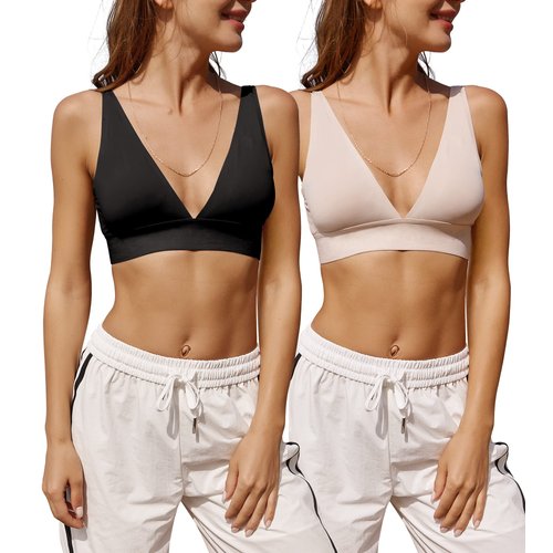Knowyou Women's Seamless Plunge Bra Deep V-Neck Wireless Comfort Bra Unlined Triangle Sporty Bras Ultra Light Soft Stretch Bralettes for Ladies
