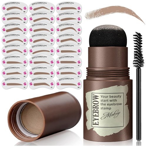 Eyebrow Stamp Stencil Kit - 1 Step Eye Brow Stencil Kit for Makeup with 24 Reusable Thin & Thick Eyebrow Stencils, Creat Waterproof Long-Lasting & Smudge-Proof Natural Eyebrow (Light Brown)