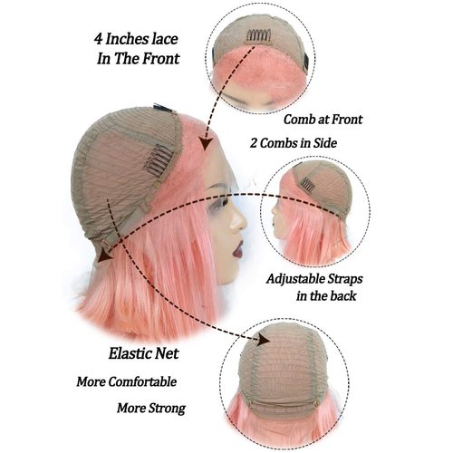 Lace Front Bob Wigs Pink 8inch Pre Plucked Human Hair Glueless Short Cut Wig Peruvian Virgin Brazilian 180% Density 13x4 Swiss Lace Frontal Middle Part for Women(could be restyle)