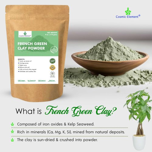 Cosmic Element French Green Clay Powder - Montmorillonite Healing Clay for Face Masks | Food Grade Face Mask Clay for Blackheads & Pore Cleansing - Organic Green Clay for All Skin Types - 4oz