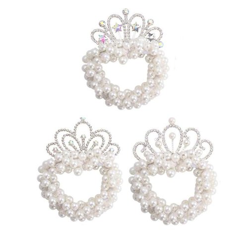 3 Pcs Pearl Hair Ties with Crown, Little Girl Rhinestone Hair Scrunchies Elastic Hair Elastic Hai...