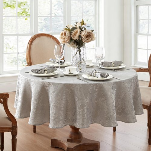 Elrene Home Fashions Caiden Elegance Damask Fabric Tablecloth, 90" Round, Silver