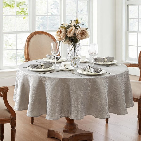 Elrene Home Fashions Caiden Elegance Damask Fabric Tablecloth, 90" Round, Silver