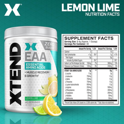 Scivation XTEND EAA + BCAA Powder | Muscle Recovery & Lean Muscle Growth | 9 Essential Amino Acids for Intra Workout or Post Workout Recovery | 10g EAAs Per 2 Servings | Lemon Lime 40 Servings
