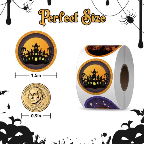 Halloween Stickers for Kids Bulk 500Pcs, Round Halloween Sticker Roll for Treat Bags, Gift Bags, Envelope, Party Favors, 1.5-Inch Small Halloween Stickers with 8 Vibrant Colors & Designs