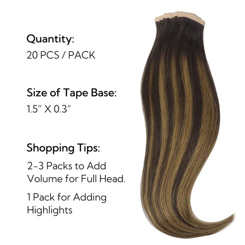 HOTBANANA Tape in Hair Extensions, 16 Inch 20pcs 50g Balayage Dark Brown Mixed Chestnut Brown Tape in Hair Extensions Human Hair Tape Hair Extensions Straight Remy Human Hair Tape in Extensions