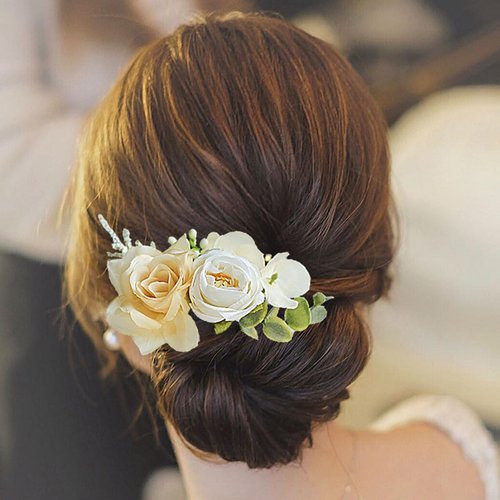 Fangsen Wedding Boho Ivory White Yellow Rose Buds Flowers Floral Comb With Hair Clip Silvery
