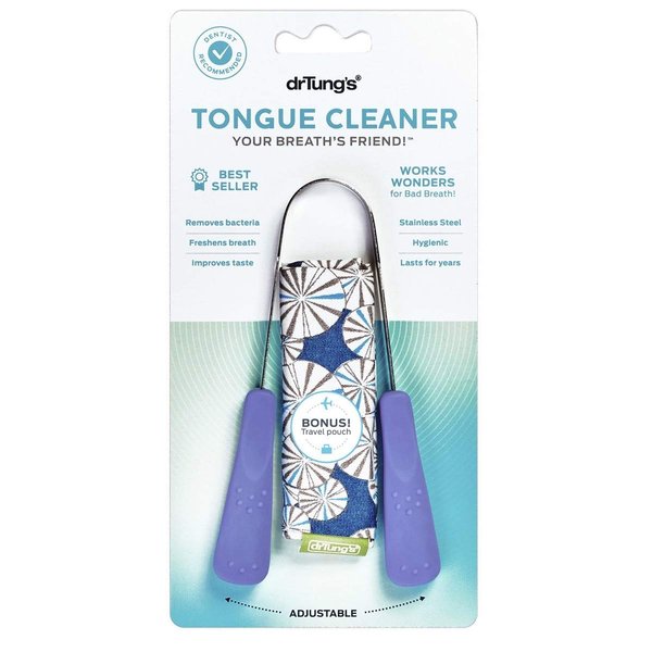 DrTung’s Stainless Steel Metal Tongue Scraper - Tongue Cleaner for Adults, Kids, Helps Freshen Breath, Easy to Use Comfort Grip Handle, Comes with Fabric Travel Pouch - 1 Pack