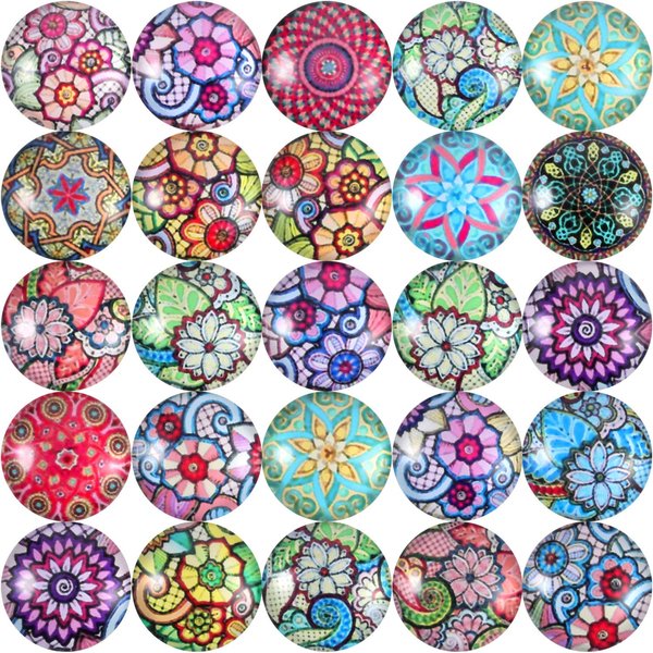 JOVITEC 200 Pieces 12 mm Flower Pattern Glass Beads Mixed Color Flat Marbles Mosaic Printed Glass Half Round Crafts Glass Mosaic for Jewelry Making