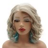 Meiyite Hair Curly Short 13inch Honey Blonde Blue Mix Wig Half Hand Tied Heat Resistant Synthetic Lace Front Wigs