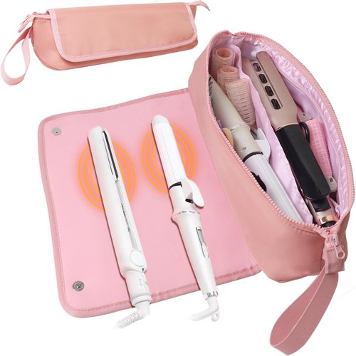FENYUAN Hair Tools Travel Bag with Heat Resistant Mat, Travel Essentials for Women, Portable Storage Organizer Bag for Hot Tools Straightener Hair Dryer Volumizer Styler Curling Iron Flat Irons(Pink)