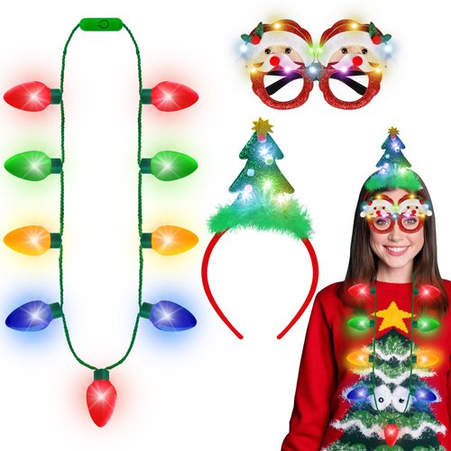 Blowata Christmas Party Favors, 3PCS Light Up Christmas Necklace Headband Glasses Set, Xmas Bulb Necklace Christmas Tree Lights Holiday Headbands LED Flashing Santa Eyeglasses Bulk for Christmas Gift