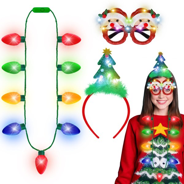 Blowata Christmas Party Favors, 3PCS Light Up Christmas Necklace Headband Glasses Set, Xmas Bulb Necklace Christmas Tree Lights Holiday Headbands LED Flashing Santa Eyeglasses Bulk for Christmas Gift
