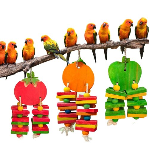 FidosFav Bird Parrot Chewing Toys Bird Beak Grinding Wood Block Colorful Fruit Swing Toy for Parakeet Budgie Cockatiel Cockatoo Conure Finch Lovebird African Grey