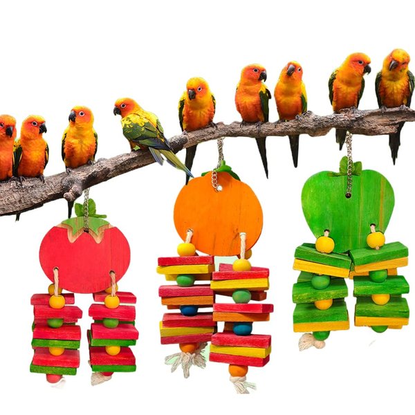 FidosFav Bird Parrot Chewing Toys Bird Beak Grinding Wood Block Colorful Fruit Swing Toy for Parakeet Budgie Cockatiel Cockatoo Conure Finch Lovebird African Grey