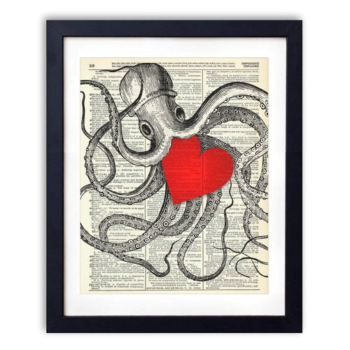 Octopus With Big Red Heart Octopus Pictures Wall Art Home & Bathroom Nautical Decor Vintage Dictionary Art Print - 8x10 inches, Ready to Frame