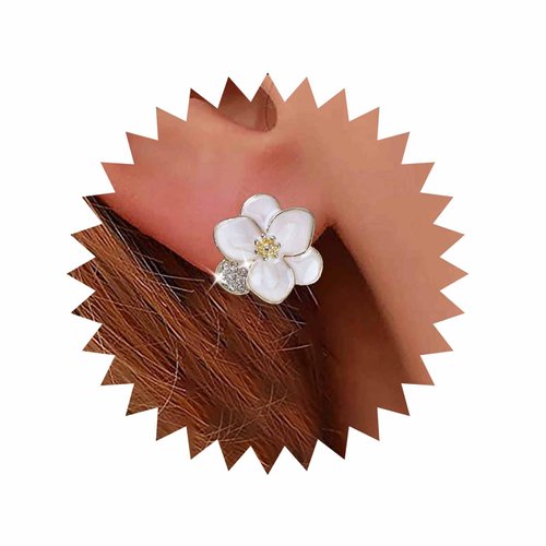 Sttiafay Vintage Enamel Flower Stud Earrings Camellia Flower Earrings Gold Crystal Flower Petal Earrings White Petal Stud Earrings Jewelry for Women