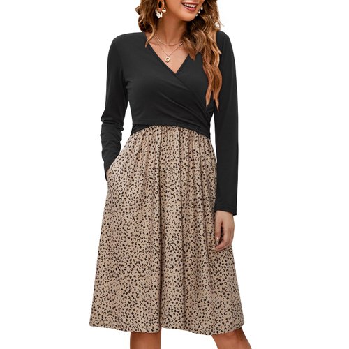 OUGES Women 2023 Fall Winter Dress Long Sleeve Maternity Nursing Baby Shower Midi Dress Clothes with Pockets(Floral A,M)