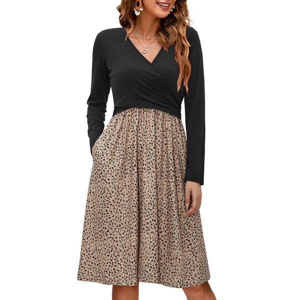 OUGES Women 2023 Fall Winter Dress Long Sleeve Maternity Nursing Baby Shower Midi Dress Clothes with Pockets(Floral A,M)