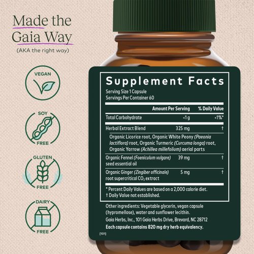 Gaia Herbs Cramp Relief - Herbal Supplement for Hormone Balance & Period Cramp Relief - Made with Organic Licorice Root, White Peony Root, Turmeric & More - 60 Vegan Capsules (60 Servings)