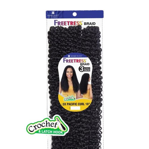 Freetress Braid Crochet & Latch Hook 3X Pacific Curl 18" (1 Jet Black)