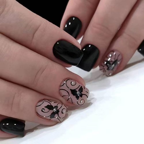Short Press on Nails Square Fake Nails Black False Nails with Design Butterfly Stick on Nails Glossy Acrylic Nails Full Cover Glue on Nails Cute Artificial Nails for Women Girls Manicure 24Pcs