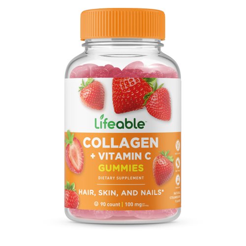 Lifeable Collagen Peptides 100mg with Vitamin C - Great Tasting Natural Flavor Gummy Supplement - Gluten Free - for Joints, Hair Growth, Skin, and Nails - for Women, Men - 90 Gummies