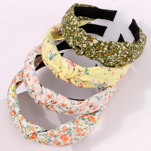 Vovii Floral Headbands for Women, 4Pcs Floral Knotted Headbands for Women Fashion, Top Knot Fabric Headbands for Women Trendy Hair Accessories, Wide Flower Printed Hairbands Non Slip
