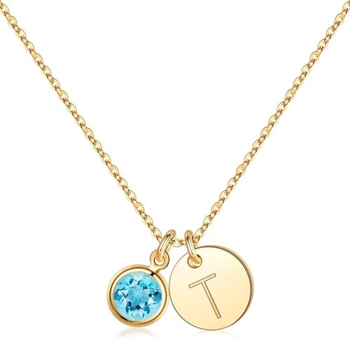 Hidepoo Disc Initial Necklace for Women, 14K Gold Plated Disc Initial T Necklace March Birthstone Necklace Aquamarine Birthstone Necklace March Birthstone Jewelry Necklaces for Women
