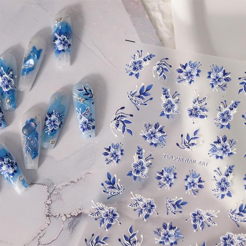 Flower Nail Art Stickers Decals Pink White 5D Embossed Nail Decals Spring Nail Stickers for Nail Art Blue White Flowers Self-Adhesive Nail Art Supplies for Women