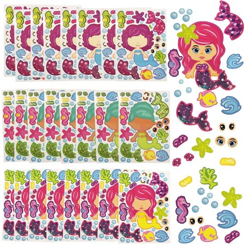 ArtCreativity Make Your Own Mermaid Sticker Set, 24 Sheets, Customizable Mermaid Stickers for Girls, Fun Crafts Classroom Activity, Mermaid Party Favors for Kids, Goodie Bag Fillers, Teacher Reward