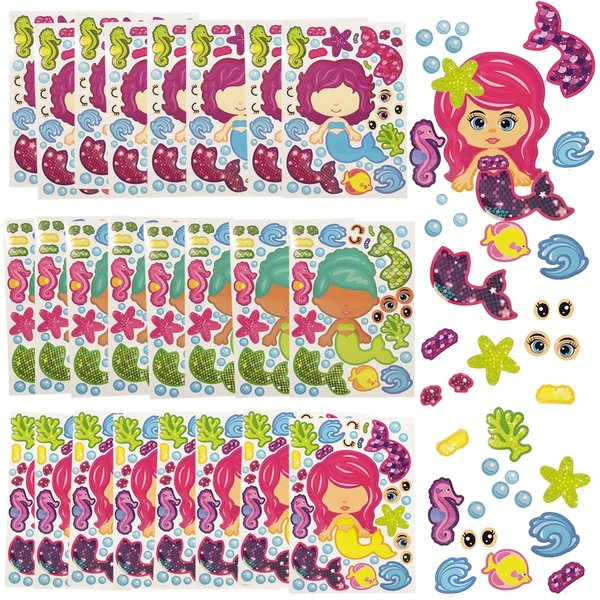 ArtCreativity Make Your Own Mermaid Sticker Set, 24 Sheets, Customizable Mermaid Stickers for Girls, Fun Crafts Classroom Activity, Mermaid Party Favors for Kids, Goodie Bag Fillers, Teacher Reward