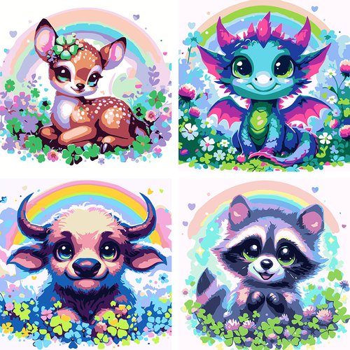 ijbnhd 4 Pack Cow Dragon Paint by Numbers for Kids Beginners Easy Deer Bear Acrylic Watercolor Paint Numbers Canvas Arts for Kids Ages 4-8 for Crafts Home Wall Decor Gift 8x8inch