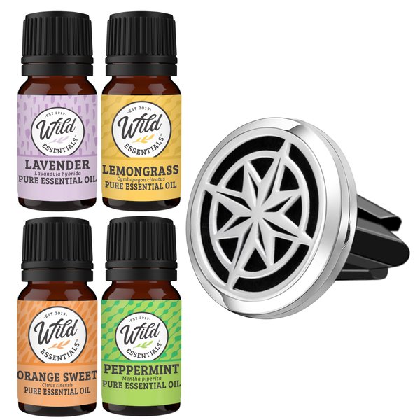 Wild Essentials Nautical Star Essential Oil Car Vent Diffuser Kit with Lavender, Lemongrass, Peppermint, Orange Oils, Stainless Steel Locket Pendant, 8 Refill Pads, Customizable Color Changing Air