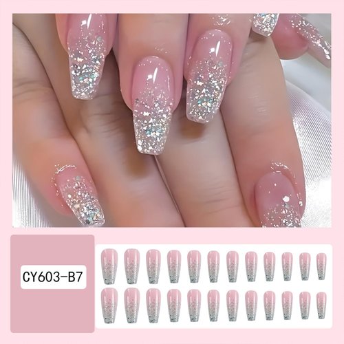 Glitter Press on Nails Coffin Long Fake Nails Pink False Nails With Designs Full Cover Reusable Stick on Nails Acrylic Ballerina Artificial Nails Glue on Nails for Women Nail Decorations 24Pcs