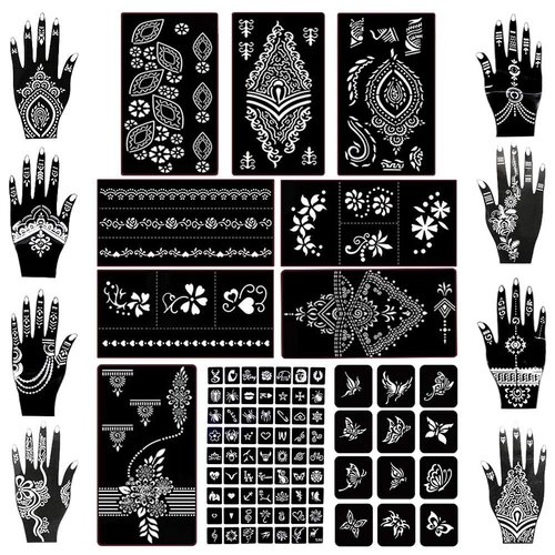 Koogel 18 Sheets Henna Tattoo Stencil Kit, 97 PCS Temporary Glitter Airbrush Flower Tattoo Stencils for Women and Girls Arabian Realistic Tattoo Stickers for Face Paint Body Art