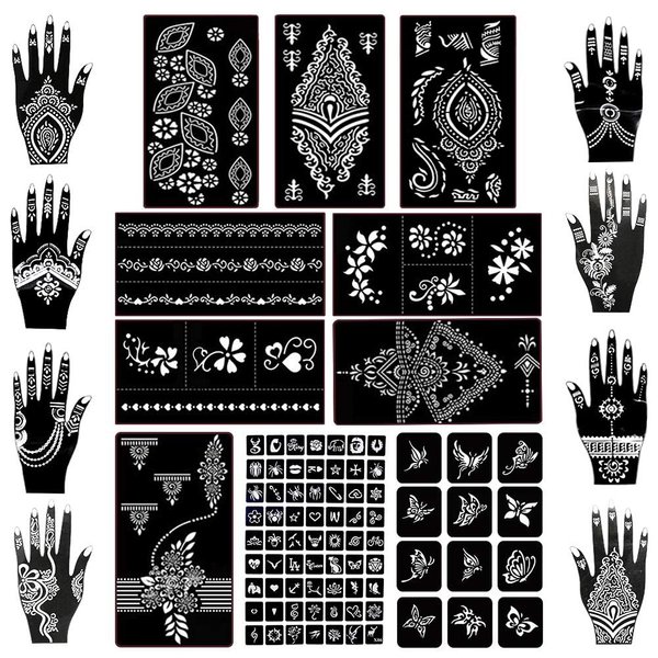 Koogel 18 Sheets Henna Tattoo Stencil Kit, 97 PCS Temporary Glitter Airbrush Flower Tattoo Stencils for Women and Girls Arabian Realistic Tattoo Stickers for Face Paint Body Art