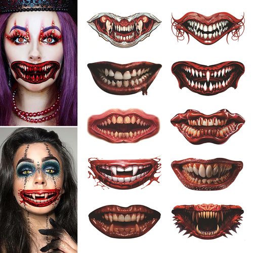 Boxkat 10 Sheets Halloween Horror Temporary Tattoo Stickers Horror Prank Mouth Lip Face Waterproof Fake Tattoos Stickers for Halloween Cosplay Makeup Party Decorations, Red