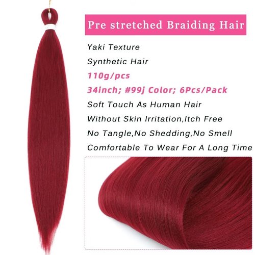 34inch Long Braiding Hair Pre Stretched 6 Packs 110G/Pack Burgundy Easy Braids Yaki Texture Synthetic PreStretched Crochet Hair Extensions For Braiding(#900,6Packs,34inch)