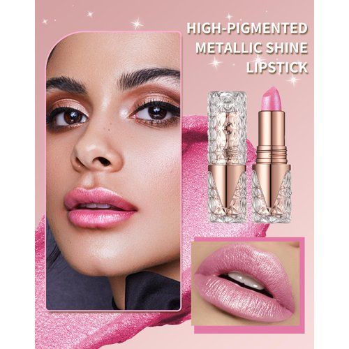 Glitter Metallic Shimmer Nude Pink Lipstick Long Lasting,Diamond High Impact Red Metallic Matte Liquid Lipstick Transfer Proof Non-Stick Lip Gloss,Full Coverage Lip Color Lip Stick Makeup for Women-02