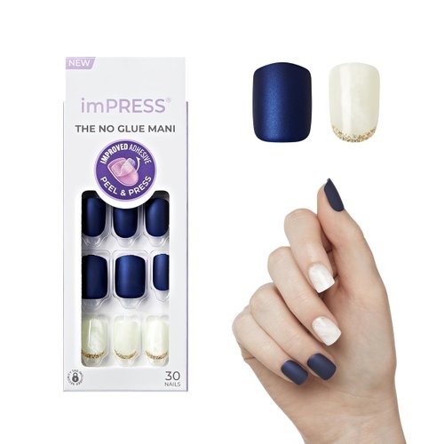 KISS imPRESS No Glue Mani Press On Nails, Design, 'Chasing Stars', Blue, Short Size, Squoval Shape, Includes 30 Nails, Prep Pad, Instructions Sheet, 1 Manicure Stick, 1 Mini File