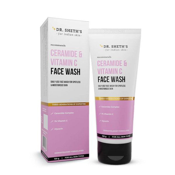 Dr. Sheth's Ceramide & Vitamin C Daily Use Face Wash | Deeply Cleanses without Dryness | Helps Reduce Spots & Blemishes | Gives Glowing & Moisturized Skin | 3.53 Oz/100 g