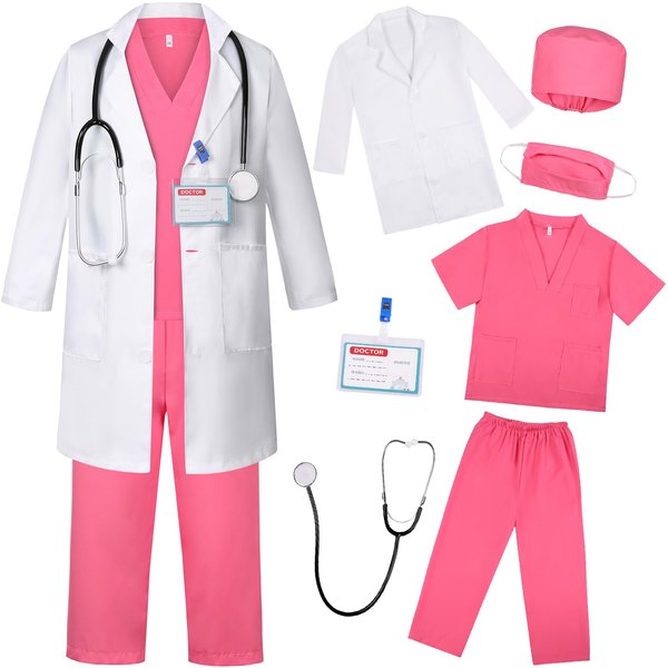 Gorkonpy Doctor Costume for Kids Boys Girls Toddler Doctor Costume with Lab Coat Halloween Party Dress Up (Pink, 10-12 Years)