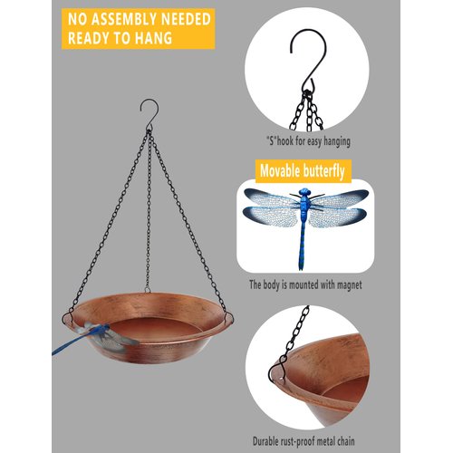 Keygift Hanging Bird Bath for Outdoor, Antique Copper Metal Bird Feeder Birdbath Bowl with 17” Rust-Proof Black Chains for Garden Backyard Decor