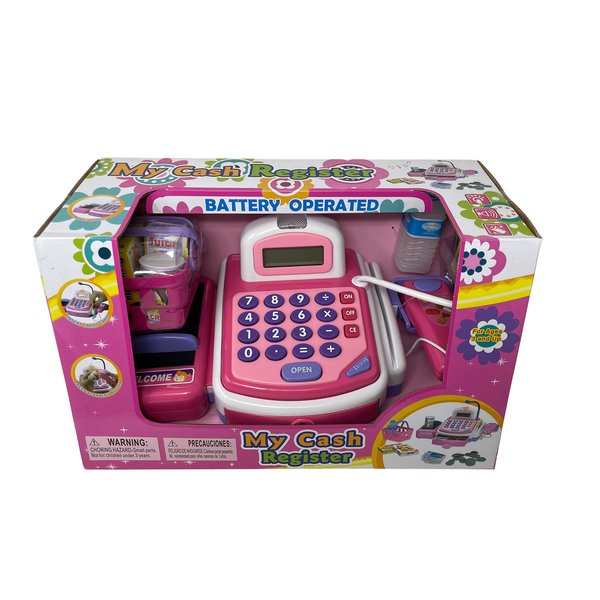 Lvnvtoys Activity Learning Family Battery Operated Electronic Cash Register Toy Pretend Play Microphone, Scanner, Money and Credit Card, Groceries with Sound Pink