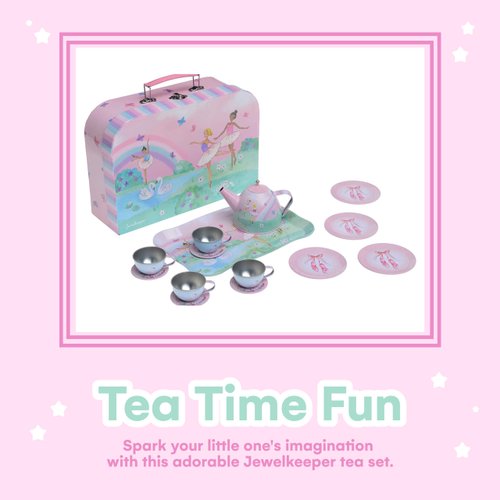 Jewelkeeper Tea Set for Little Girls - 15-Piece Tin Tea Party Set with Ballerina Design - Pretend Play Tea Set with Carrying Case - Ideal Gift for Kids, Includes Teapot, Cups, Saucers, Plates and Tray