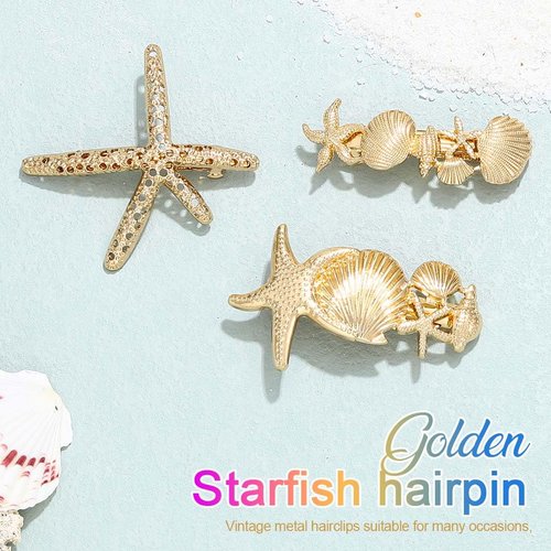 CAKURE Metal Starfish Hair Clips Gold Beach Hair Barrettes Boho Shell Hair Pins Decorative Hair Accessories for Women and Girls (Pack of 3)