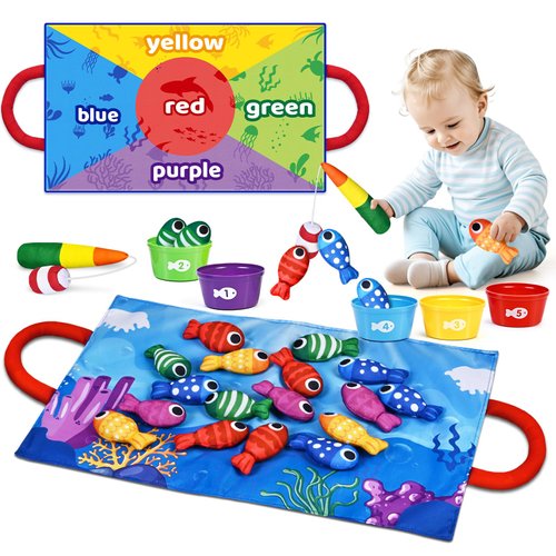 Toddler Toys for 1 Year Old Boy Girl, Baby Fishing Game Set with Double-sided Mat, Montessori Learning Toys for Toddlers 1-3, Number Counting, Color Sorting, Christmas Birthday Gifts for Age 12 Month+